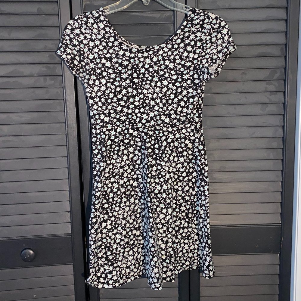 Black shortsleeve mini dress with floral designs